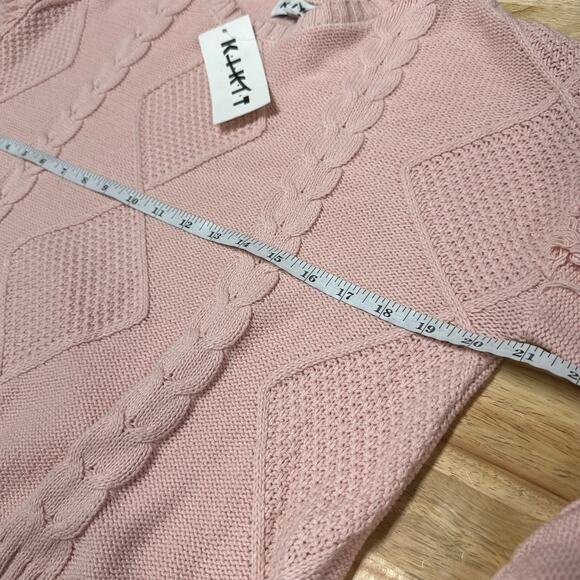 KIKIT NWT Pink Cable Knit Fringe Sleeve Trim Crew Neck Sweater Size L Rib Trim - Picture 9 of 10